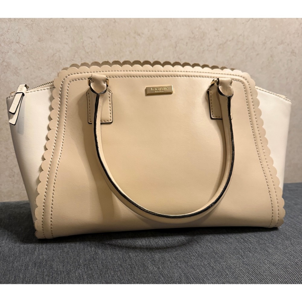 Kate Spade New York Scalloped Leather Satchel Bag Beige Cream Bow Lining